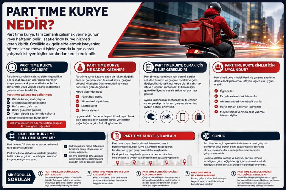 Part time kurye olarak çalışmak isteyenler için çalışma saatleri, kazanç, başvuru şartları ve part time kurye iş ilanlarını anlatan bilgilendirici görsel.