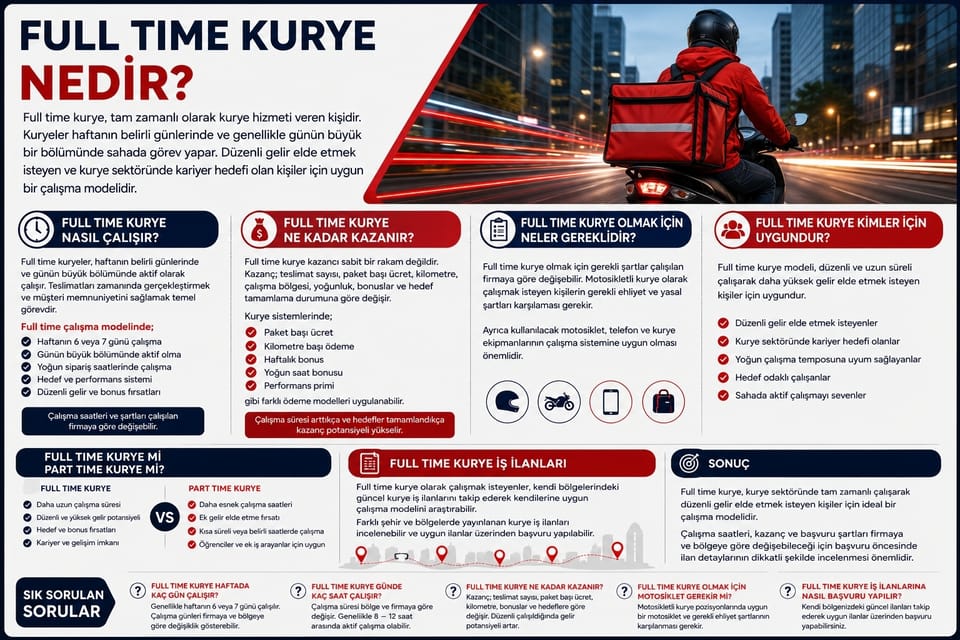 Full time kurye olarak çalışmak isteyenler için çalışma saatleri, kazanç, başvuru şartları ve full time kurye iş ilanlarını anlatan bilgilendirici görsel.