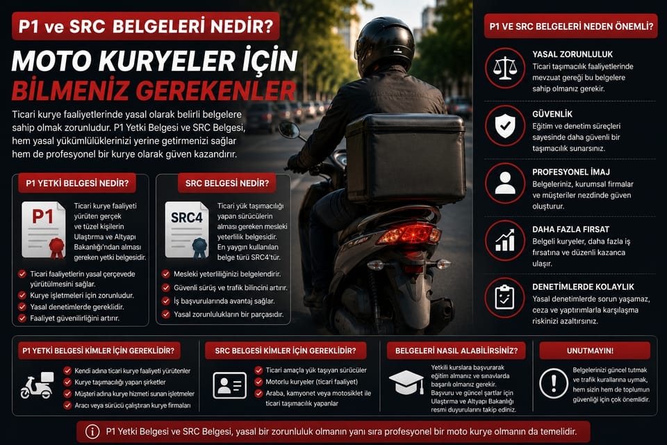 P1 Yetki Belgesi ve SRC Belgeleri hakkında merak edilenler. Moto kurye olmak isteyenler için 2026 güncel rehberi.