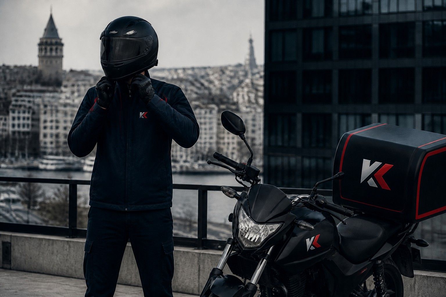 Kuryenta kuryesi — markalı kask, motosiklet ve teslimat kutusu