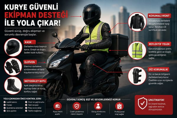 Koruyucu ekipman kullanımı, güvenli sürüş ve motosiklet kontrolleri moto kuryelerin en önemli sorumlulukları arasında yer alır.